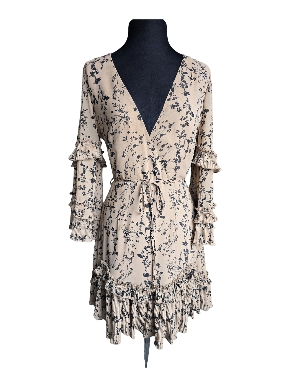 Beige Floral Wrap Long-Sleeve Dress with Ruffle Trim